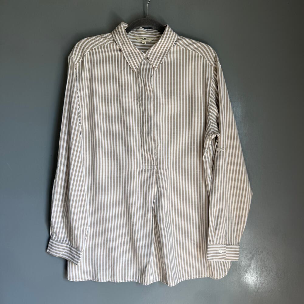 MAX STUDIO Women's XL Beige White Striped Lightweight Summer Collared Blouse